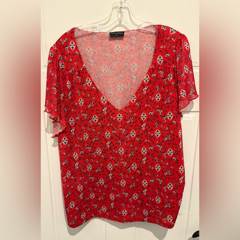 Lane Bryant 18/20 Red Patterned V-Neck Blouse